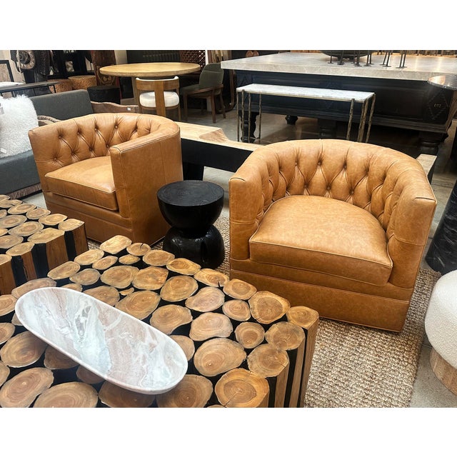 Retro Tufted Caramel Leather Swivel Chair For Sale In Los Angeles - Image 6 of 6