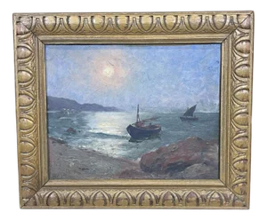 Victorès, Moonrise at Dusk, Toulon, Oil on Cardboard, Framed