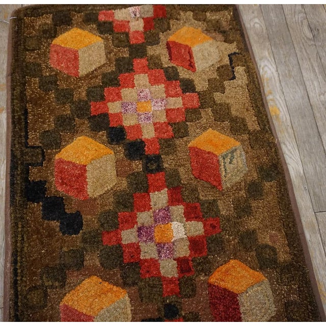Textile 1920s Brown Diamond Folk Art Antique American Hooked Rug 1'10" X 14' Hand Knotted Cotton Wool Carpet For Sale - Image 7 of 11