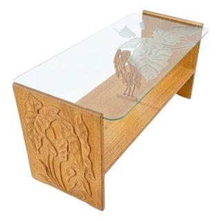 Restored Hand Carved Hawaiian Koa Wood 2 Tiered Coffee Table W/ Glass Table For Sale