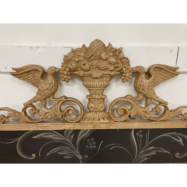 Vintage Extra Large 1970s French Style Hand-Painted Mirror With Cast Metal Gilded Bird & Urn Crest- 76” For Sale - Image 4 of 12