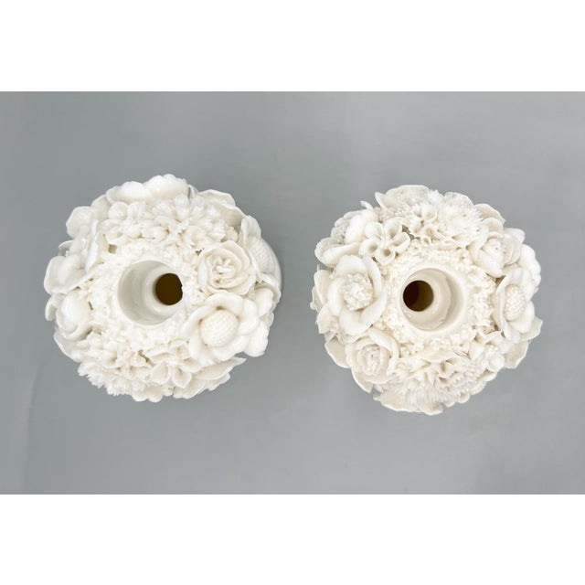 Mid 20th Century Vintage White Porcelain Floral Topiary Urn Candlestick Holders – Romantic Neoclassical / Cottagecore - Flower Bouquet For Sale - Image 5 of 11