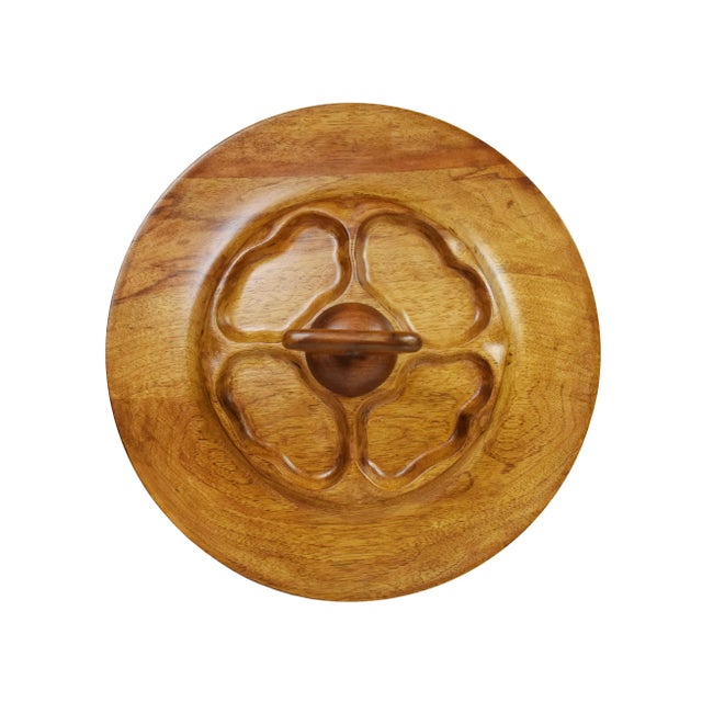Mid-Century Round Pecan Wood Carved by Overton Serving Platter Tray Dish With Handle For Sale - Image 6 of 8