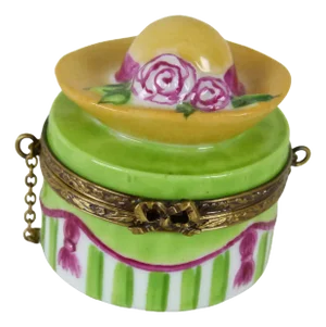 1980s Limoges Hat Box Trinket Box With Chain Handle By Chamart, Signed on the Bottom, Peint Main