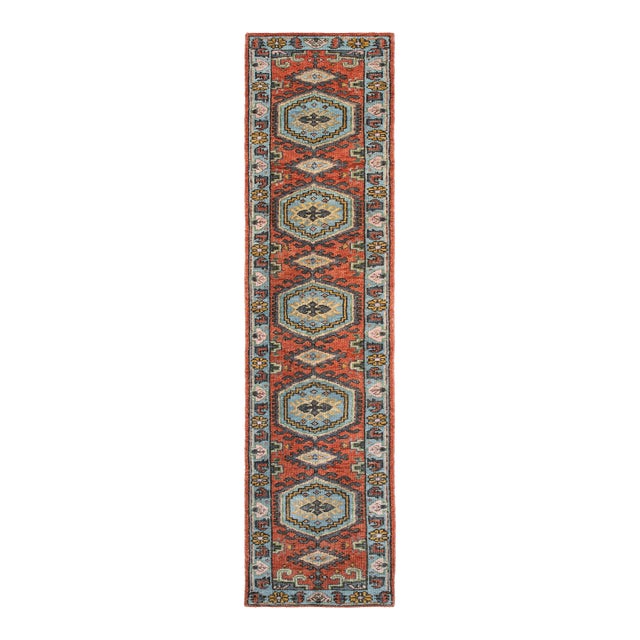 2.6x6Ft. Brunt Orange Light Blue Persian Design Inspired Hand Knotted Wool Runner Rug For Sale