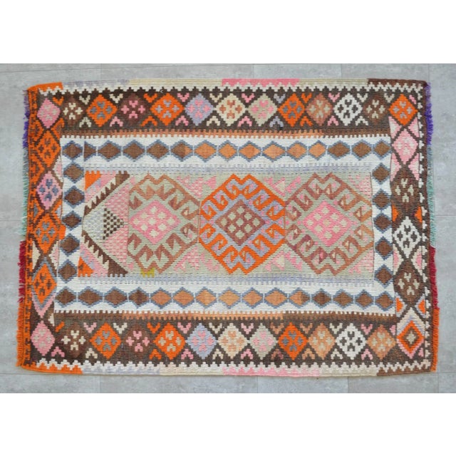 Cheerful Colors Turkish Kilim Flat Weave Muted Color Rug 3'1" X 4'3" For Sale - Image 6 of 8