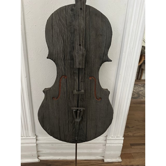 Large 67" Hand-Carved Wooden Cello Sculpture With Pinecone Tuning Pegs – Folk Art For Sale - Image 16 of 16