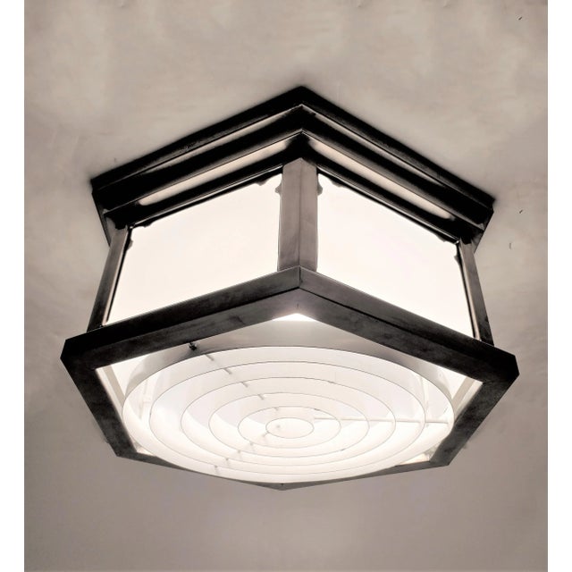 Silver Mid-Century Industrial Flush Mount in Nickeled Brass With White Glass For Sale - Image 8 of 13