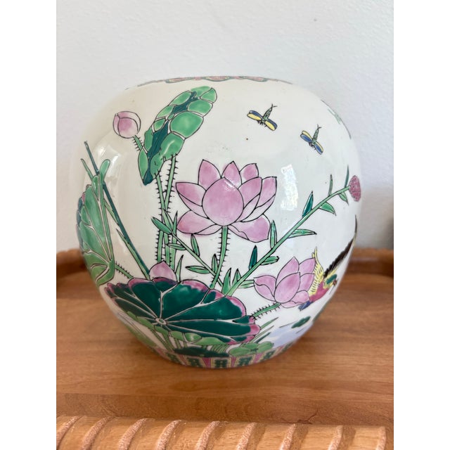 Chinese Vintage Chinese Porcelain Jardinière With Cranes & Lotus Motif For Sale - Image 3 of 11
