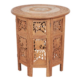 Moorish Style Carved Teak Inlaid Round Tabouret Drink Table For Sale