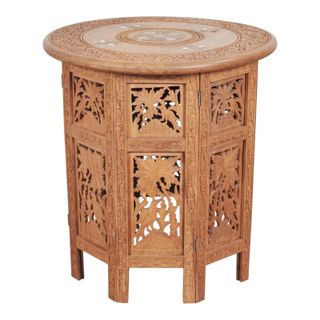 Moorish Style Carved Teak Inlaid Round Tabouret Drink Table For Sale