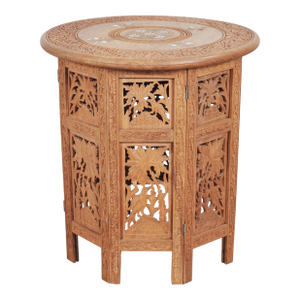 Moorish Style Carved Teak Inlaid Round Tabouret Drink Table