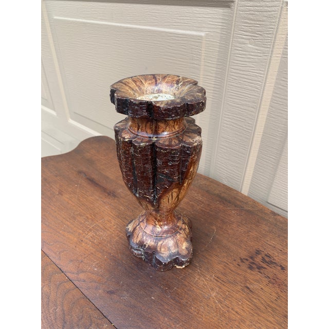 Contemporary Vintage Wabi-Sabi Rustic Hand Carved Chrysanthemum Wood Vase For Sale - Image 3 of 10