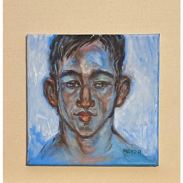 Vintage 1990’s Painting of a Young Man in Blue 10x10” Signed “Meyer” Acrylic on Canvas Loose, Painterly Brush Strokes Very...