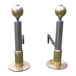 1930s Art Deco Chrome and Brass Geometric Andirons Attributed to Donald Deskey- a Pair