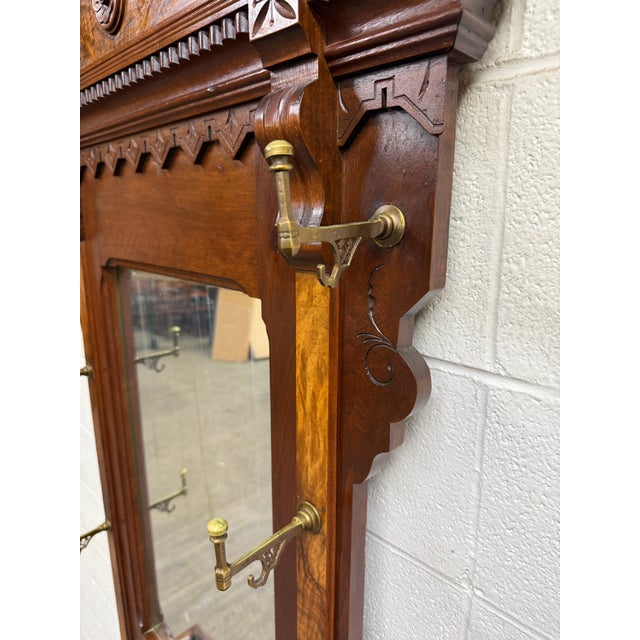 Antique Victorian Eastlake Walnut Hall Tree With Mirror and Hooks and Drawer For Sale - Image 14 of 18