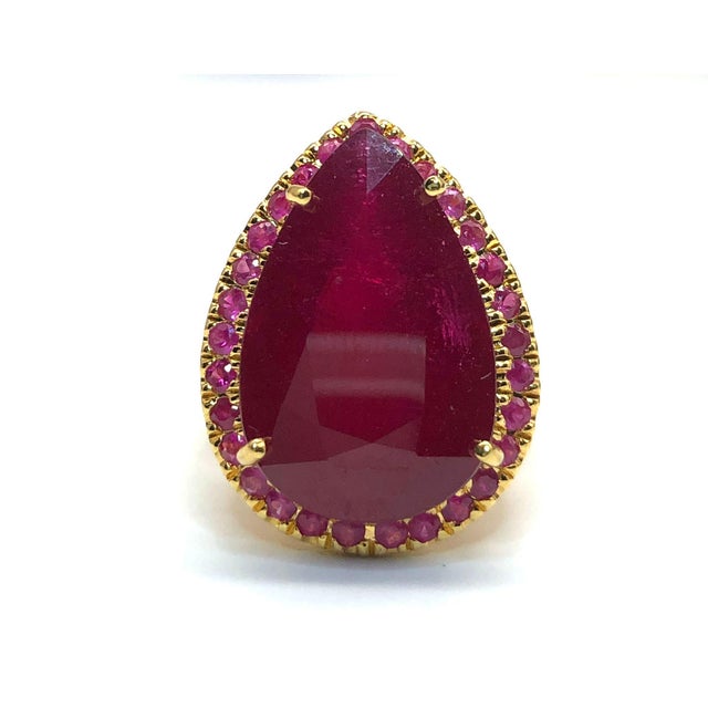 Bochic "Capri" Vintage Natural Ruby & Diamonds Ring Set in 18K Gold & Silver Natural Pear Shape Ruby - 9 Carats Natural...