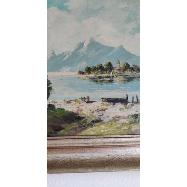 Vintage Mountain Lake Boat Painting Artist Signed For Sale - Image 4 of 10