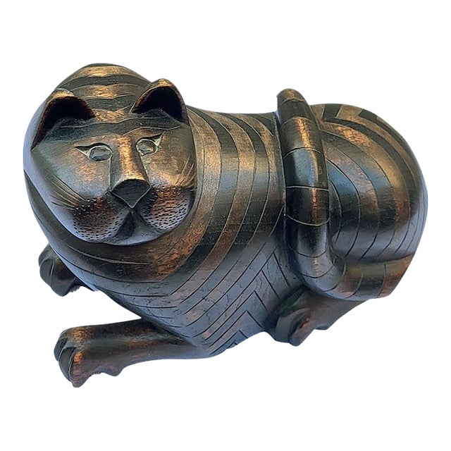 Vintage Carved Mahogany Cat With Secret Stash For Sale