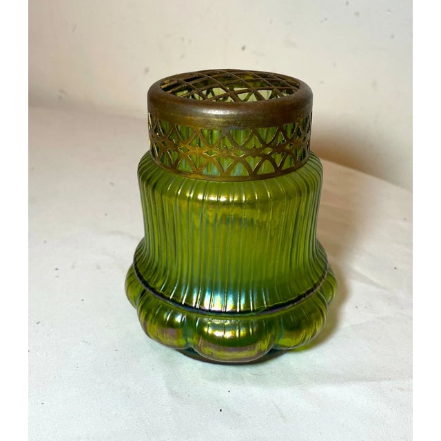Boho Chic Antique Hand Blown Bohemian Loetz Bronze Mounted Green Glass Potpourri Jar Vase For Sale - Image 3 of 12