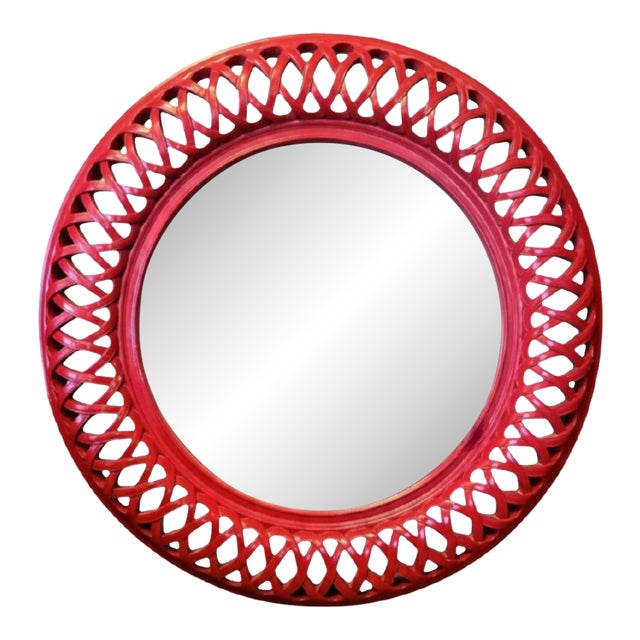 Custom Painted Extra Large Round Lattice Design Glossy Red Regency Wall Mirror For Sale