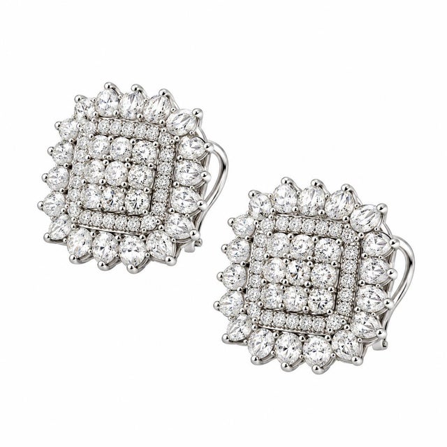 Metal 18k White Gold Round Rose-Cut Diamond Cluster Earrings, Pair For Sale - Image 7 of 7