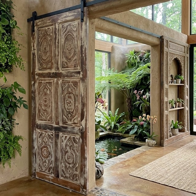 Distressed White Floral Carved Wood Sliding Barn Doors – Vintage Style 84x36 For Sale In Orlando - Image 6 of 6