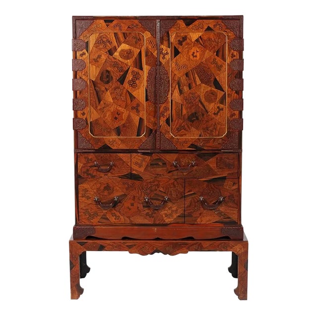 Rare Japanese Export Marquetry Cabinet With Drawers on Stand For Sale