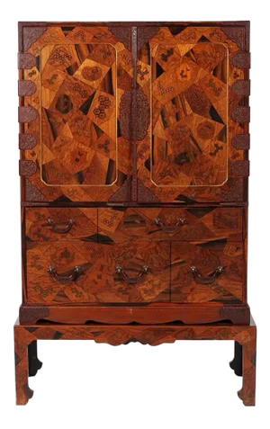 Rare Japanese Export Marquetry Cabinet With Drawers on Stand