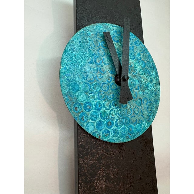 Late 20th Century Signed Artist Leonie Lacouette Narrow Black Verdigris Copper Pendulum Wall Clock For Sale - Image 5 of 11