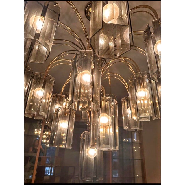Metal Grand-Scale 1970s Smoked Glass and Brass 22-Light Waterfall Chandelier For Sale - Image 7 of 9