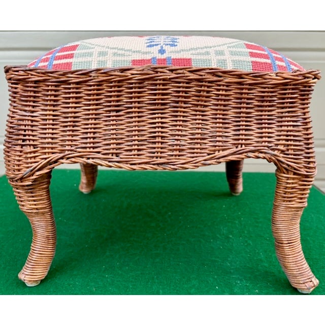 Mid 20th Century Vintage Wicker Footstool With Needlepoint Top For Sale - Image 5 of 10