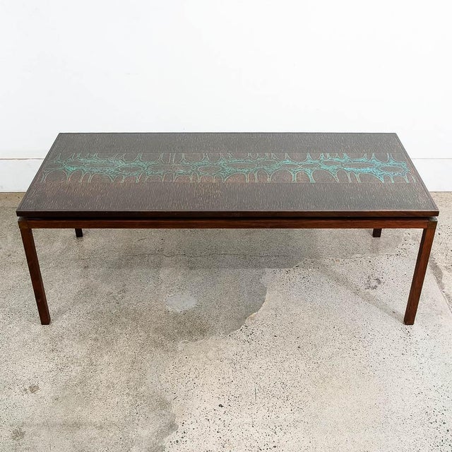 Mid-Century Modern 1960s Mid Century Danish Modern Coffee Table Rosewood Copper Etched Attributed to John Morkegaard For Sale - Image 3 of 12