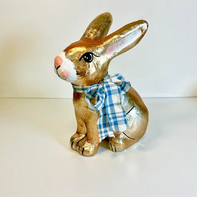 1980s Vintage Arts & Crafts Boho Chic Foil Covered Hand-Painted Papier Mache’ Bunny - Easter For Sale - Image 13 of 18