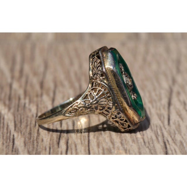 Metal The Estelle Avenue: Antique Filigree Cocktail Ring set with Chalcedony and Diamond, Size 5.75 For Sale - Image 7 of 11
