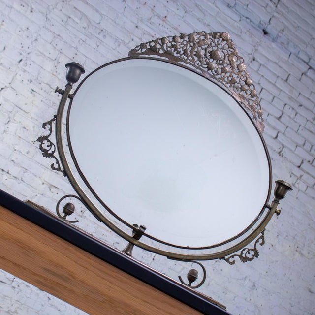 Victorian Late 19th to Early 20th Century Art Nouveau Tabletop Metal Vanity Oval Beveled Mirror W/Candle Holders For Sale - Image 3 of 18