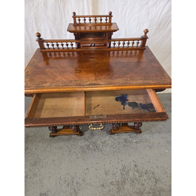 Antique Renaissance Revival Burl Walnut Writing Desk With Gallery Rail For Sale In New Orleans - Image 6 of 12