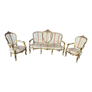 18th Century Louis XV Regency Giltwood Sweetheart Salon Settee and Bergere Chairs in Silk Damask - Set of 3