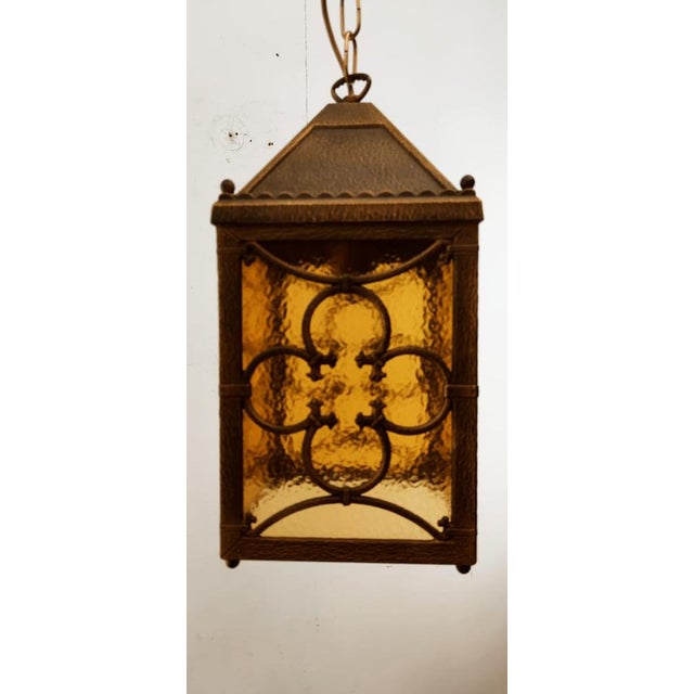 Brass Lantern Hanging Light in Amber Glass For Sale - Image 6 of 14