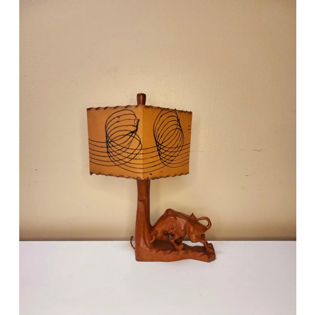 Brown Vintage Hand Carved Wooden Bull With Fiber Glass Spun Diamond Shade. For Sale - Image 8 of 8