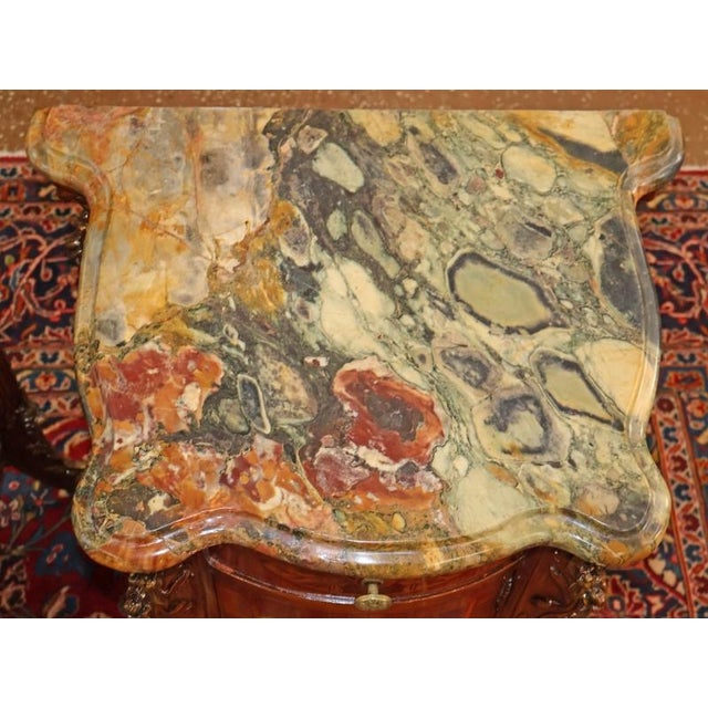 Brown Pair of French Louis XV Style Marble Top Kingwood Inlaid End Table Nightstands For Sale - Image 8 of 18