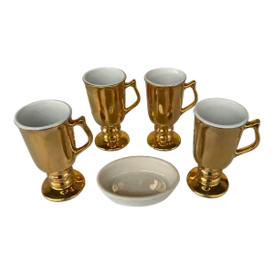 Mid Century Gold Irish Mugs and Dish by Hall China - Set of 5