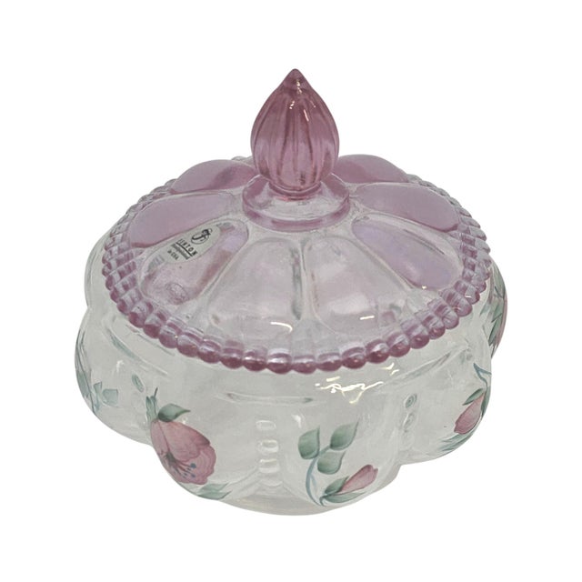 A Fenton Art Glass Company covered Melon Box in the Trellis DX pattern, factory ware No. 5585, hand painted by decorator...