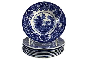 Antique Flow Blue Pagoda Dinner Bowls - Set of 8