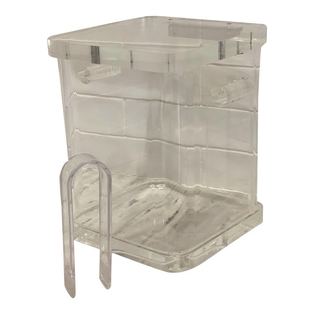 Vintage Lucite Ice Bucket With Tongs and Hinged Lid For Sale