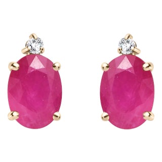 14k Minimalist Ruby Diamond Gold Stud Earrings- a Pair For Sale