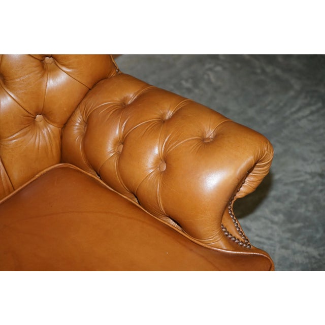 Small Wide Tan Leather Tufted Chesterfield Sofa with High Back For Sale - Image 9 of 18