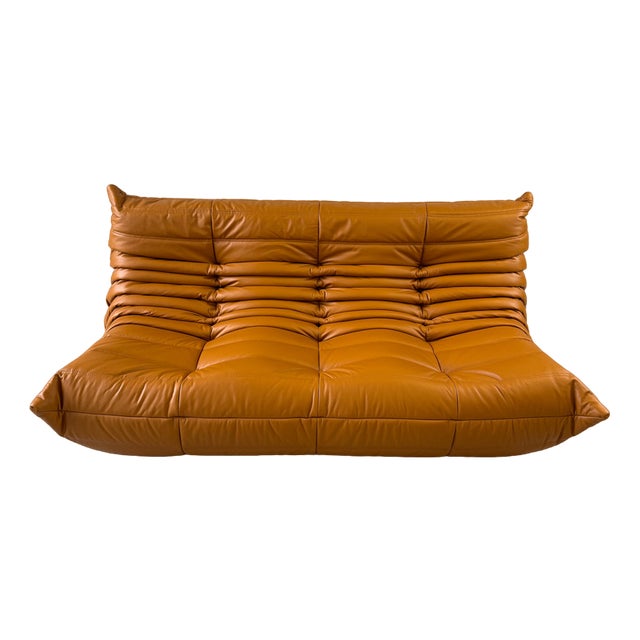 Cognac Light Leather Togo 3-Seater Sofa by Michel Ducaroy for Ligne Roset For Sale