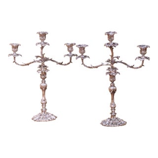 Pair of French Rococo Style Silver Plated Three-Light Candelabras For Sale