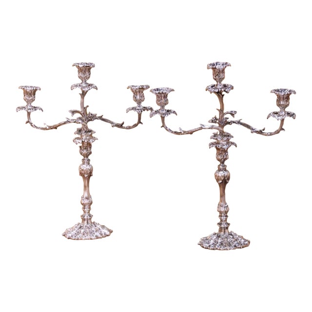 Pair of French Rococo Style Silver Plated Three-Light Candelabras For Sale